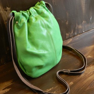 Green Leather Drawstring Bag Main