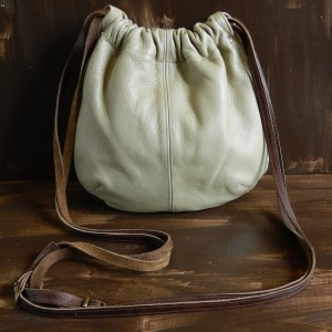 Pale Green Sage Leather Drawstring Bag Main